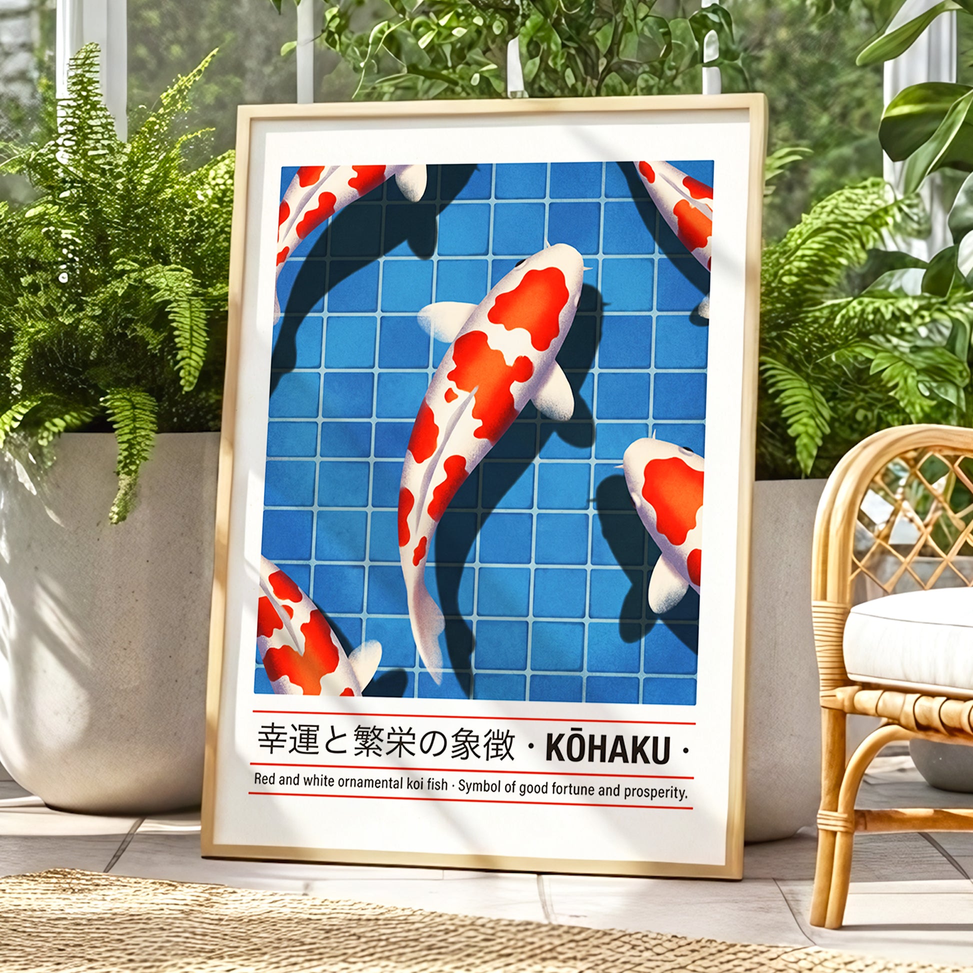 Kohaku in Blue, blue, red, white nature wall art displayed in a styled interior, gallery view 9
