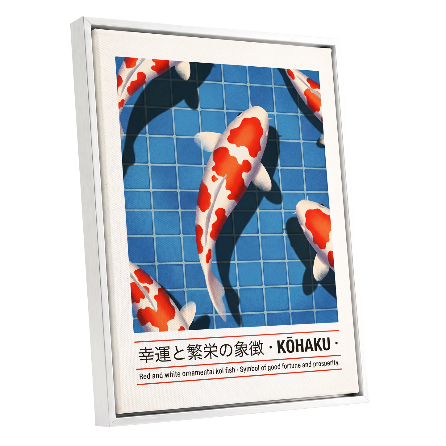 Kohaku in Blue, blue, red, white nature wall art shown as a white framed canvas wall art