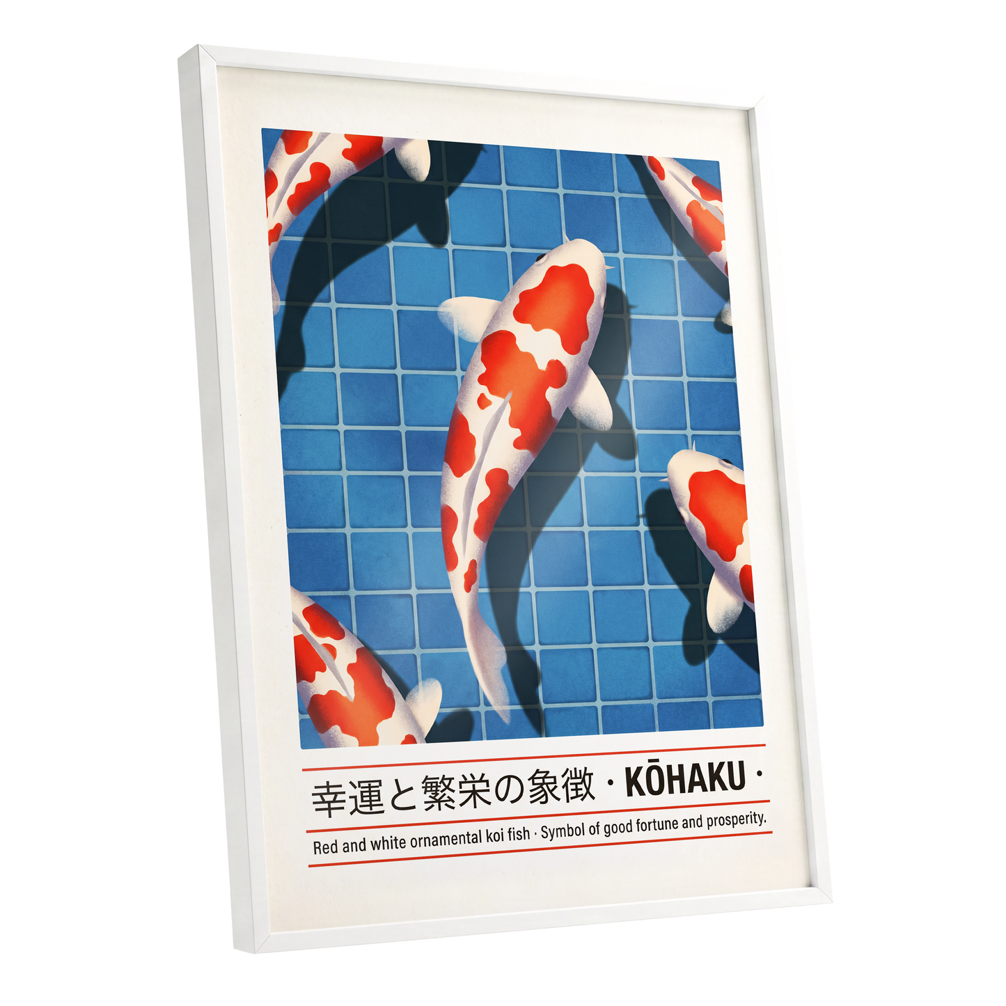 Kohaku in Blue, blue, red, white nature wall art shown as a white framed poster wall art print