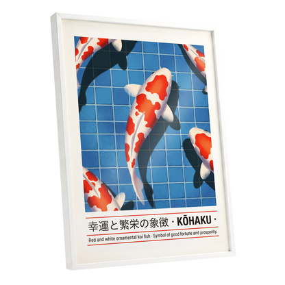 Kohaku in Blue, blue, red, white nature wall art shown as a white framed poster wall art print