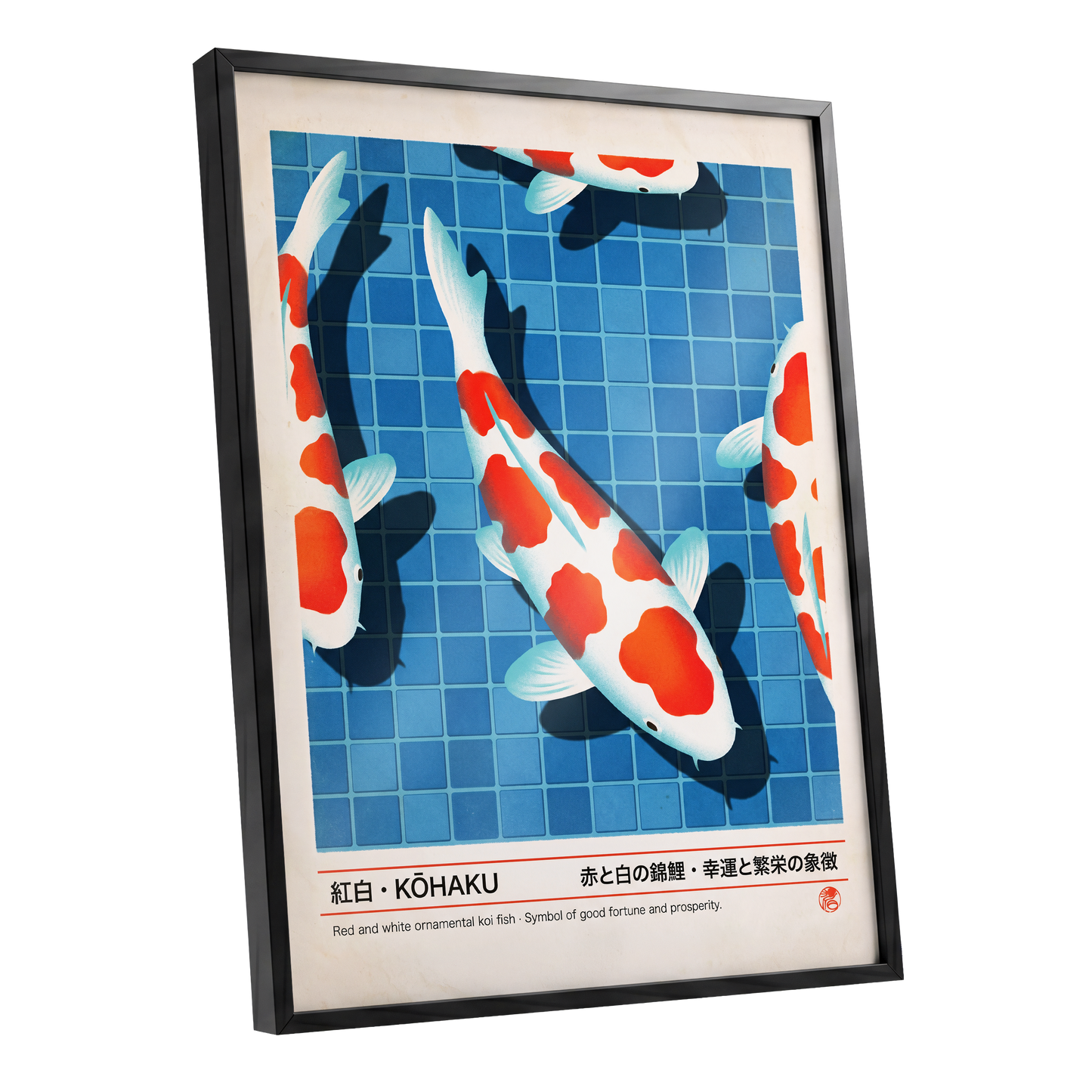 Kohaku Pool Shadows, blue, white, red nature wall art shown as a black framed poster wall art print