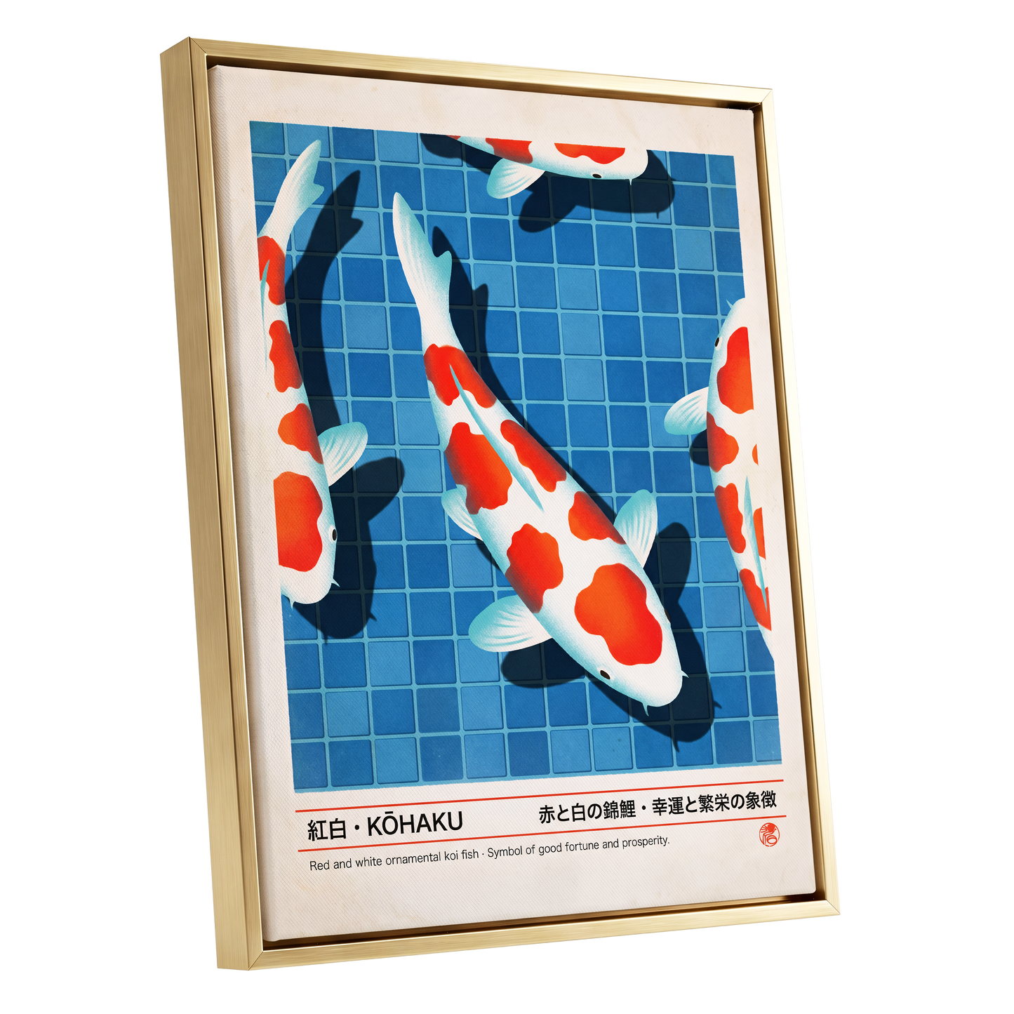 Kohaku Pool Shadows, blue, white, red nature wall art shown as a gold framed canvas wall art