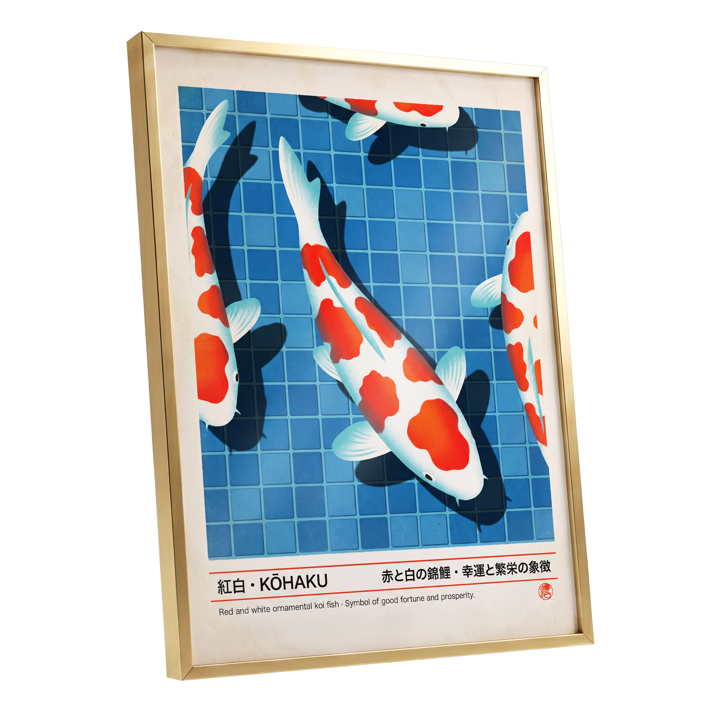 Kohaku Pool Shadows, blue, white, red nature wall art shown as a gold framed poster wall art print