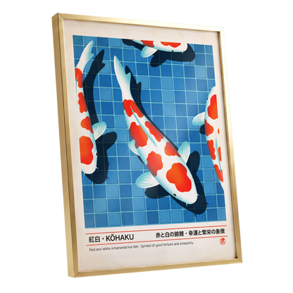 Kohaku Pool Shadows, blue, white, red nature wall art shown as a gold framed poster wall art print