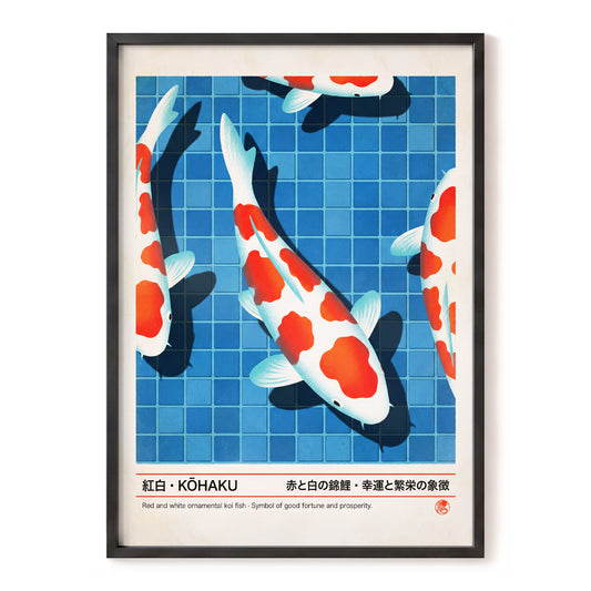 Kohaku Pool Shadows, blue, white, red nature wall art, front artwork view