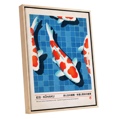 Kohaku Pool Shadows, blue, white, red nature wall art shown as a oak framed canvas wall art