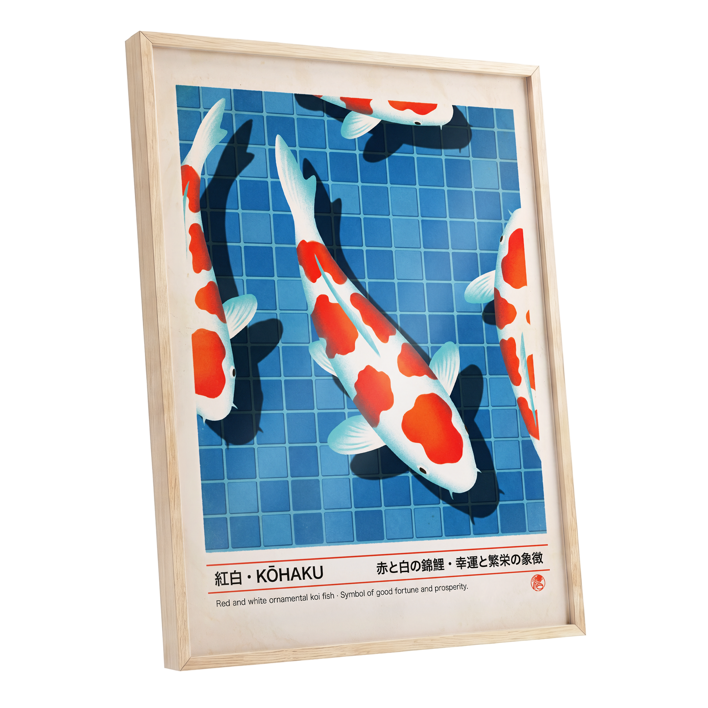 Kohaku Pool Shadows, blue, white, red nature wall art shown as a oak framed poster wall art print