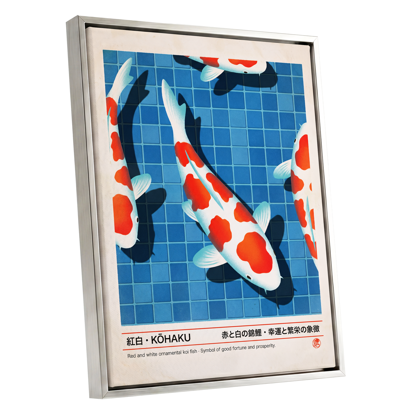 Kohaku Pool Shadows, blue, white, red nature wall art shown as a silver framed canvas wall art