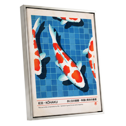 Kohaku Pool Shadows, blue, white, red nature wall art shown as a silver framed canvas wall art