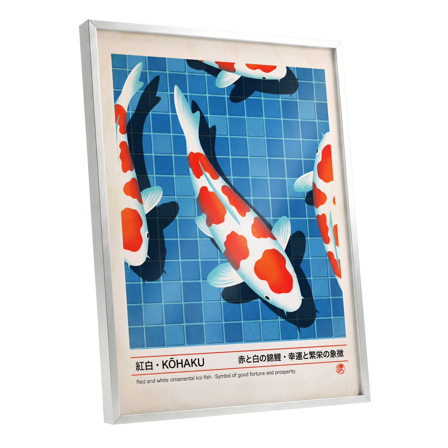 Kohaku Pool Shadows, blue, white, red nature wall art shown as a silver framed poster wall art print