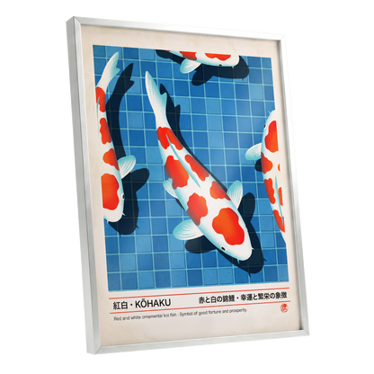 Kohaku Pool Shadows, blue, white, red nature wall art shown as a silver framed poster wall art print