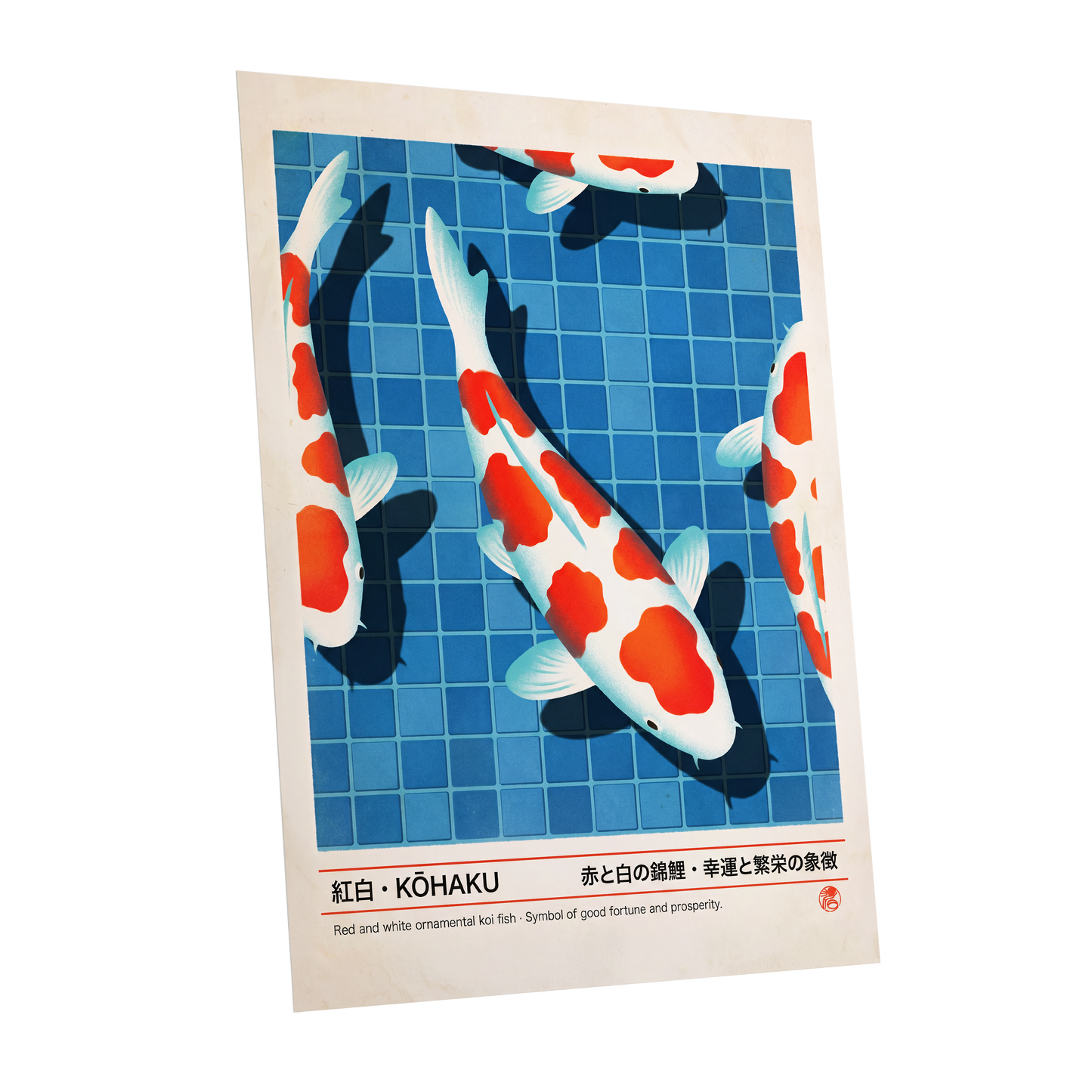 Kohaku Pool Shadows, blue, white, red nature wall art shown as a unframed poster wall art print