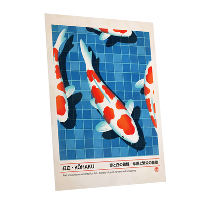 Kohaku Pool Shadows, blue, white, red nature wall art shown as a unframed poster wall art print