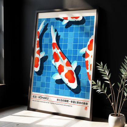 Kohaku Pool Shadows, blue, white, red nature wall art displayed in a styled interior, gallery view 2