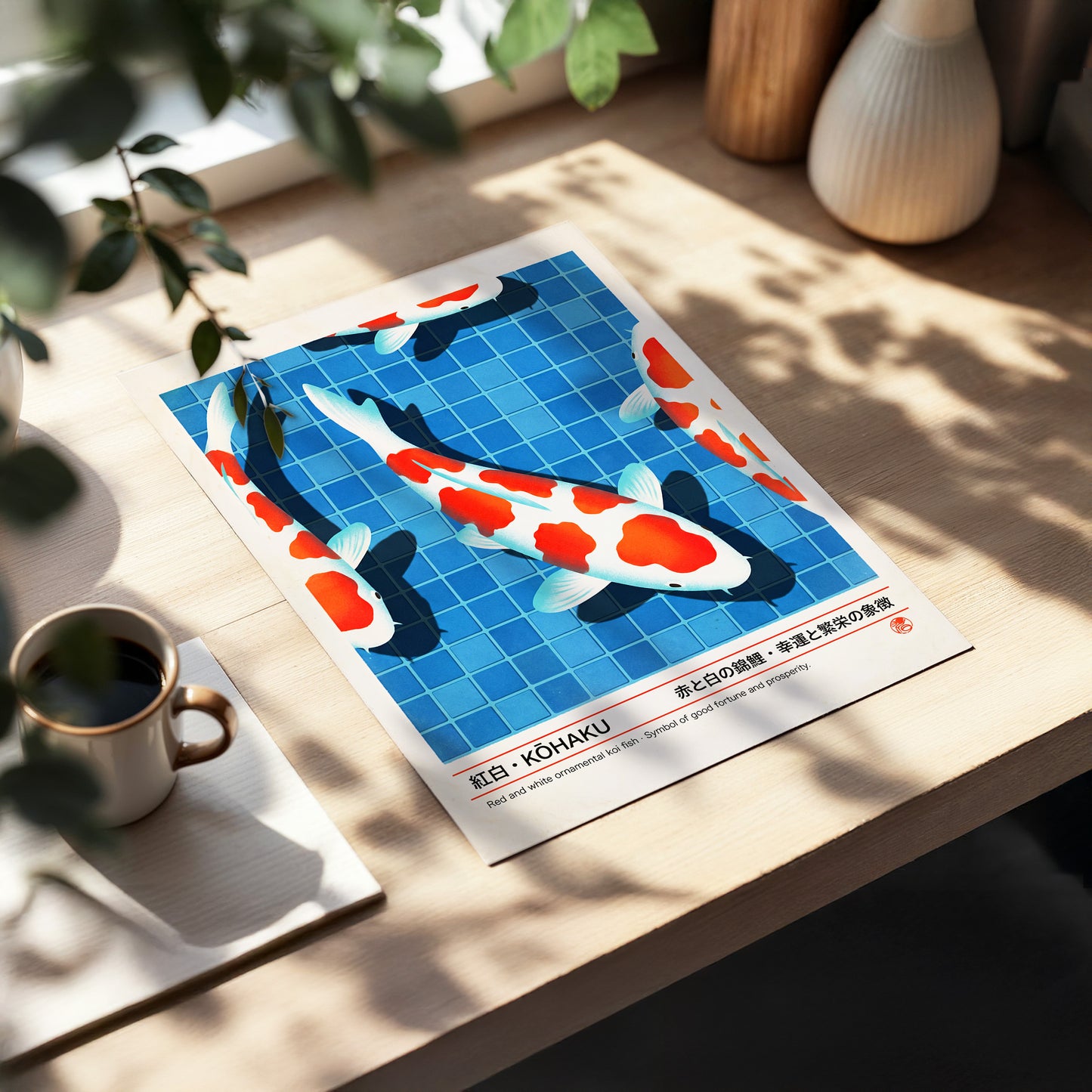 Kohaku Pool Shadows, blue, white, red nature wall art displayed in a styled interior, gallery view 5