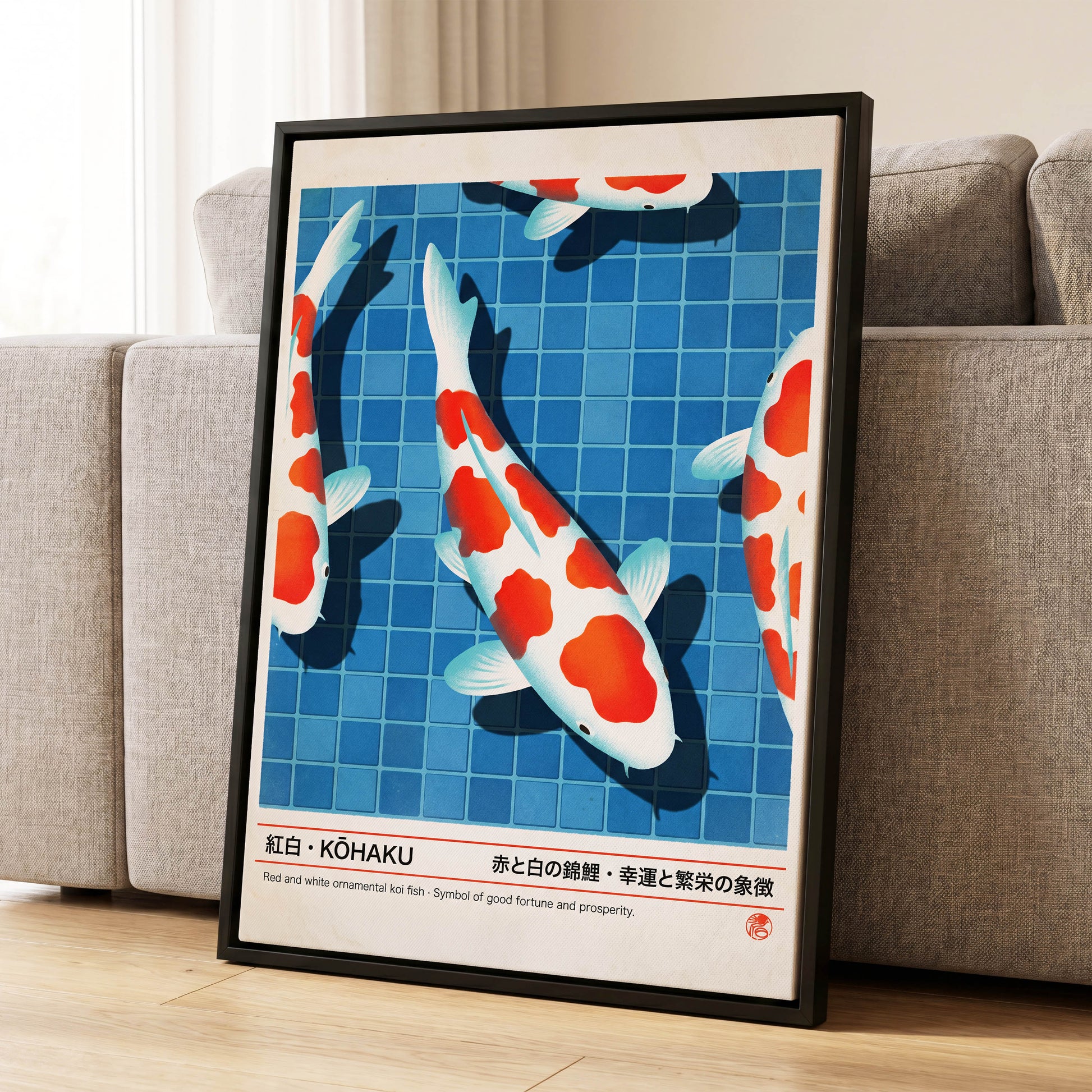 Kohaku Pool Shadows, blue, white, red nature wall art displayed in a styled interior, gallery view 8