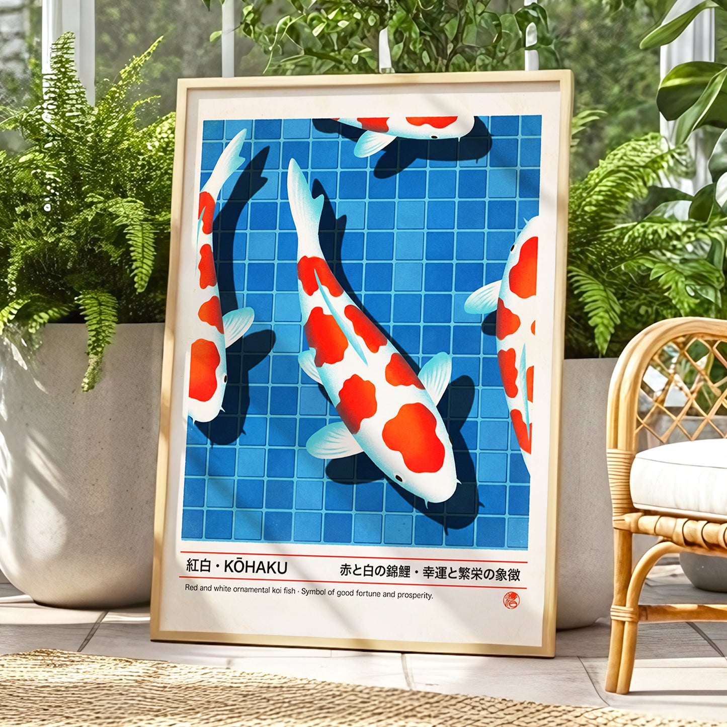 Kohaku Pool Shadows, blue, white, red nature wall art displayed in a styled interior, gallery view 9