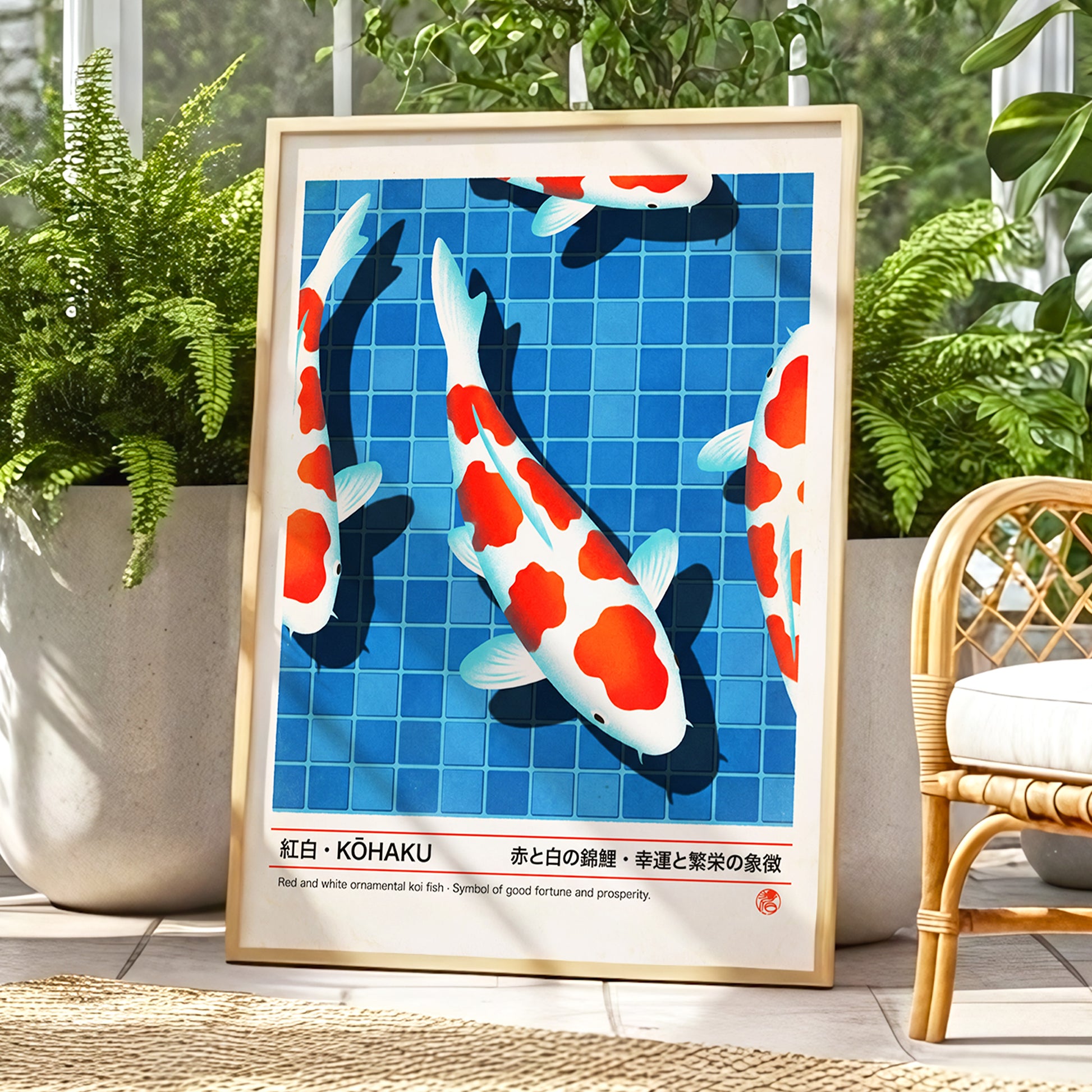 Kohaku Pool Shadows, blue, white, red nature wall art displayed in a styled interior, gallery view 9
