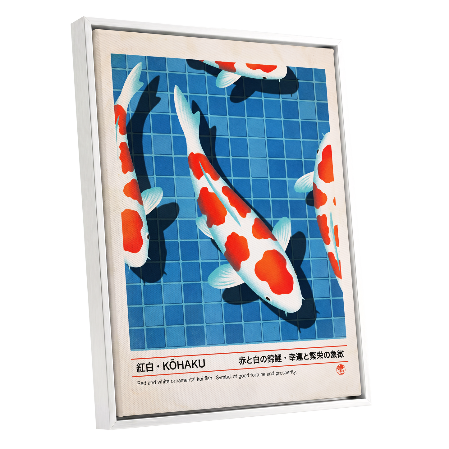 Kohaku Pool Shadows, blue, white, red nature wall art shown as a white framed canvas wall art