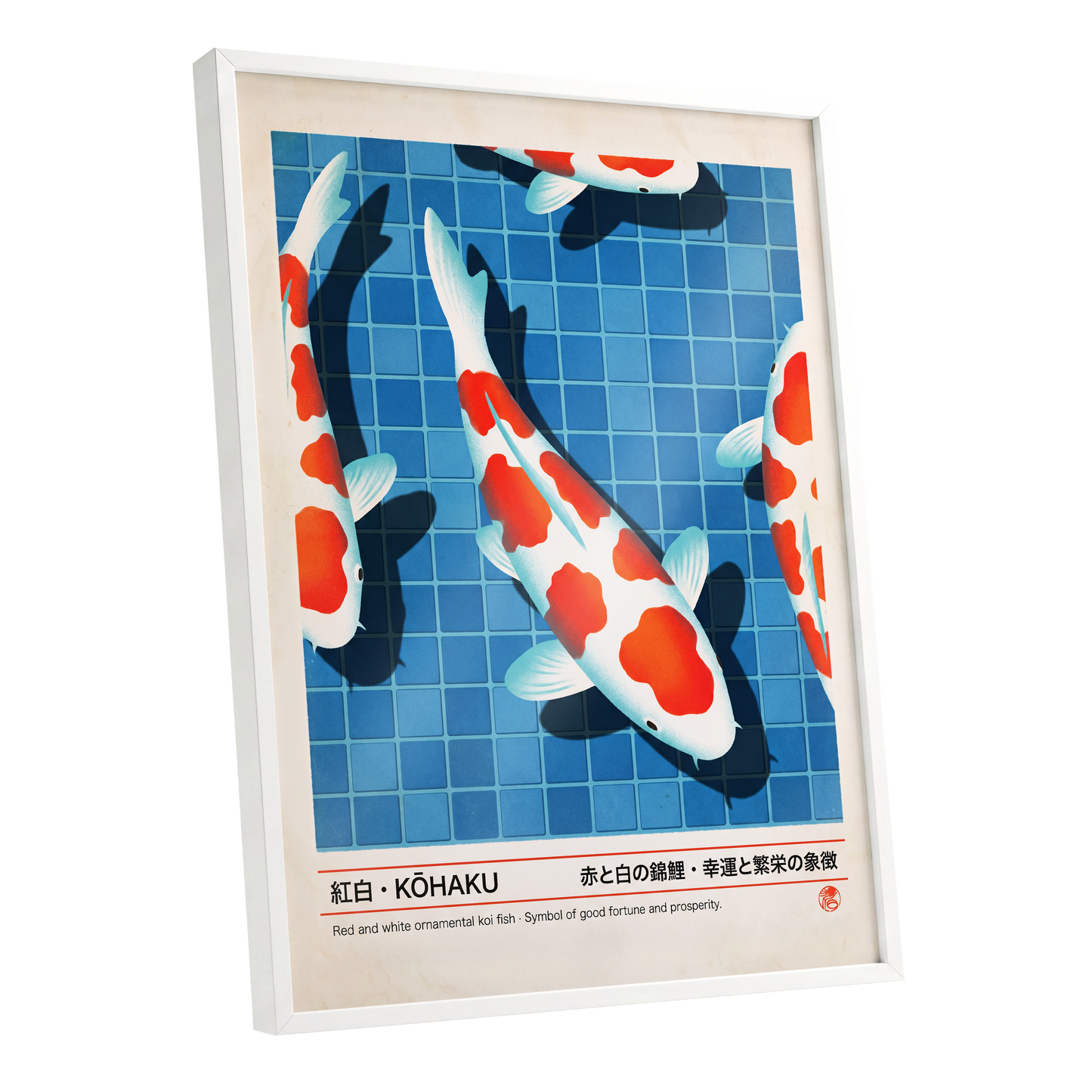 Kohaku Pool Shadows, blue, white, red nature wall art shown as a white framed poster wall art print