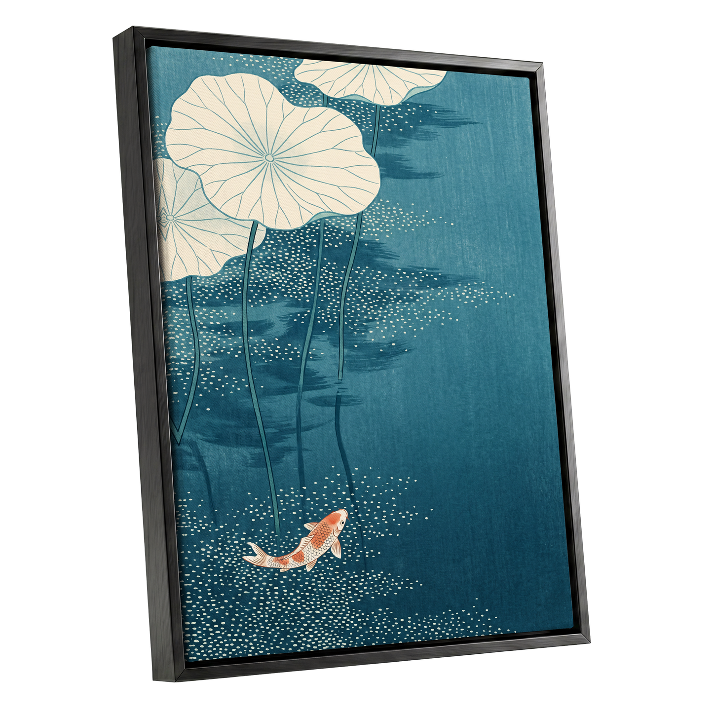 Koi Beneath Lotus Leaves, blue, beige, white nature wall art shown as a black framed canvas wall art