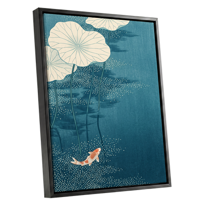 Koi Beneath Lotus Leaves, blue, beige, white nature wall art shown as a black framed canvas wall art
