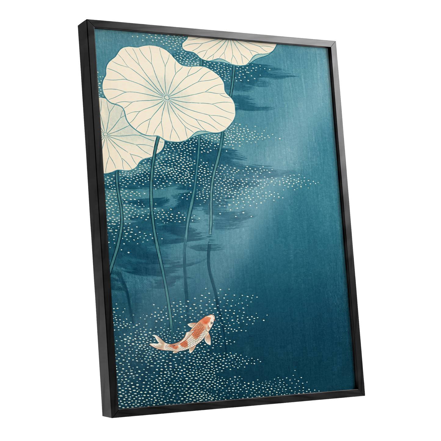 Koi Beneath Lotus Leaves, blue, beige, white nature wall art shown as a black framed poster wall art print