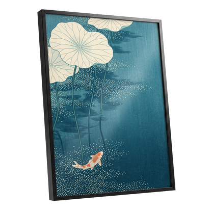 Koi Beneath Lotus Leaves, blue, beige, white nature wall art shown as a black framed poster wall art print