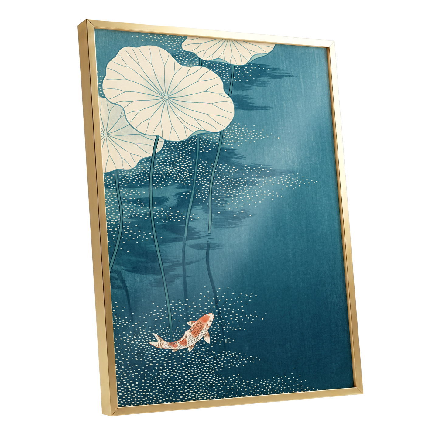 Koi Beneath Lotus Leaves, blue, beige, white nature wall art shown as a gold framed poster wall art print