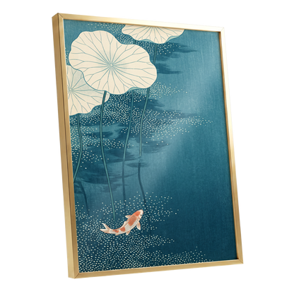 Koi Beneath Lotus Leaves, blue, beige, white nature wall art shown as a gold framed poster wall art print