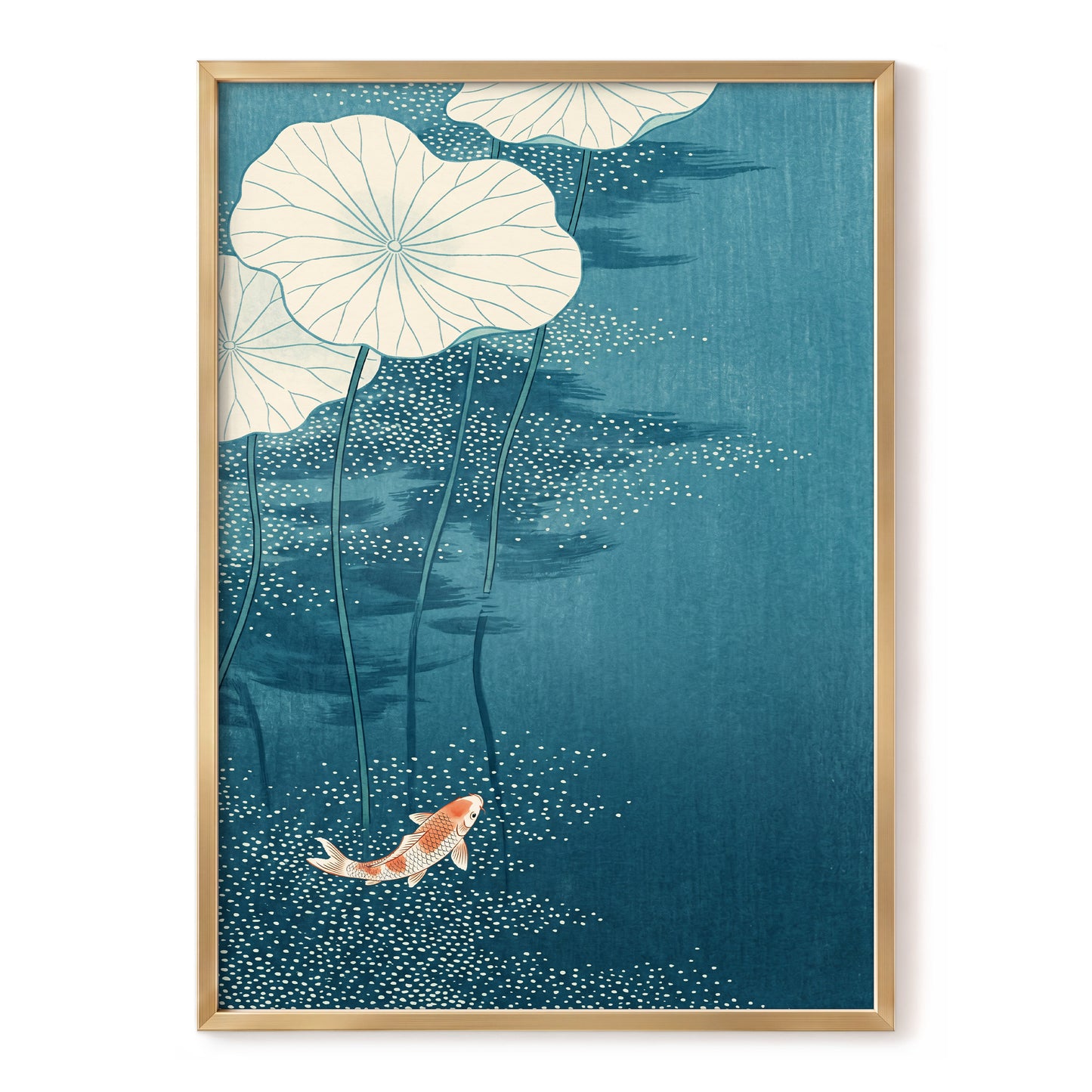Koi Beneath Lotus Leaves, blue, beige, white nature wall art, front artwork view