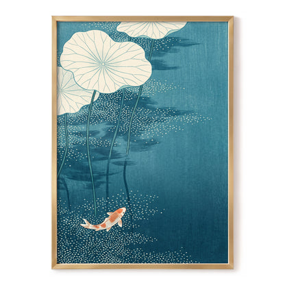 Koi Beneath Lotus Leaves, blue, beige, white nature wall art, front artwork view