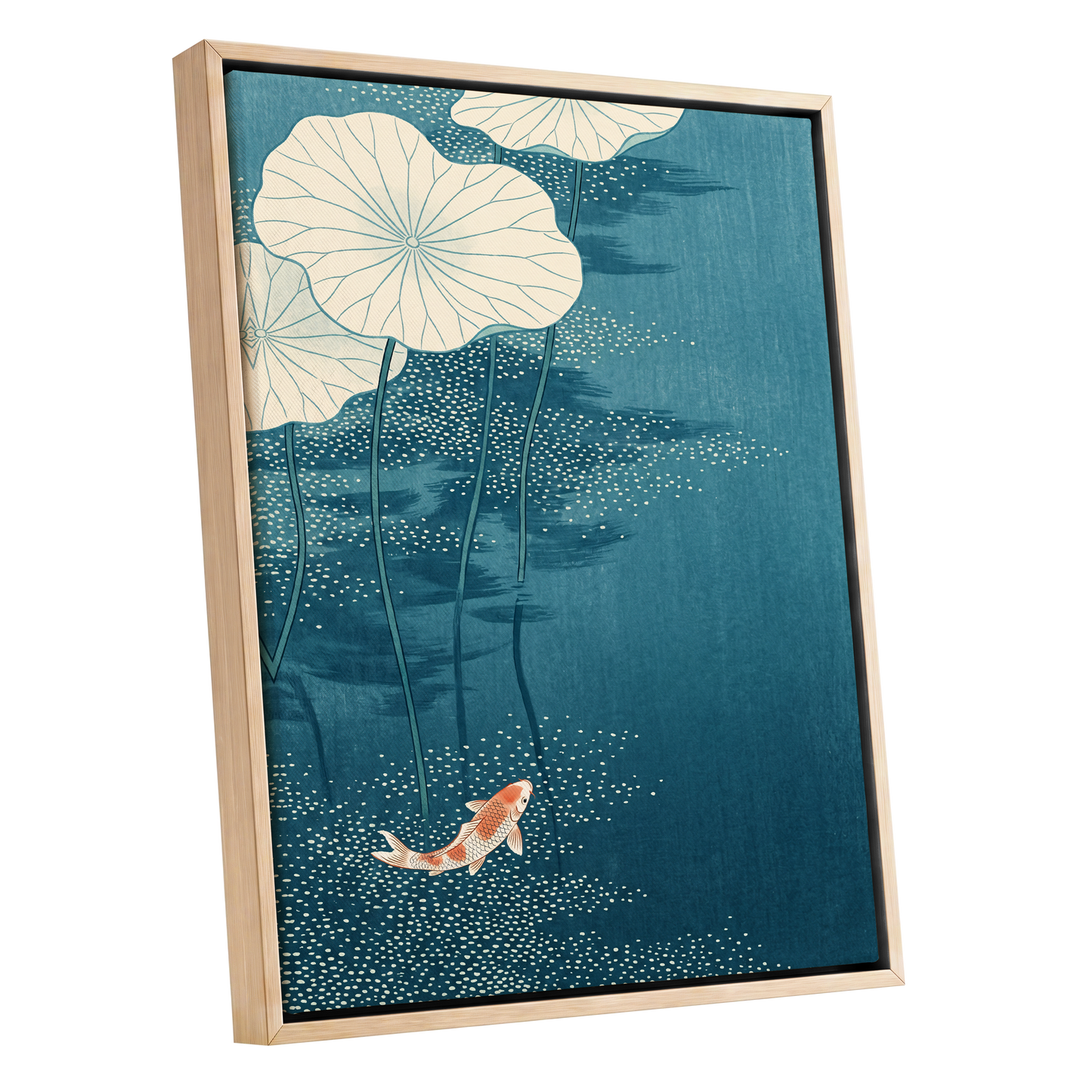 Koi Beneath Lotus Leaves, blue, beige, white nature wall art shown as a oak framed canvas wall art
