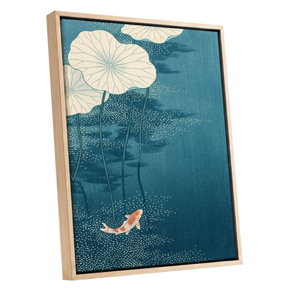 Koi Beneath Lotus Leaves, blue, beige, white nature wall art shown as a oak framed canvas wall art
