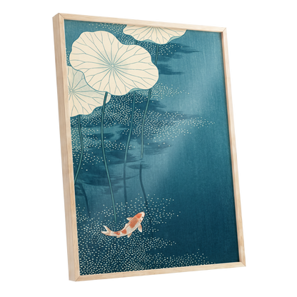 Koi Beneath Lotus Leaves, blue, beige, white nature wall art shown as a oak framed poster wall art print