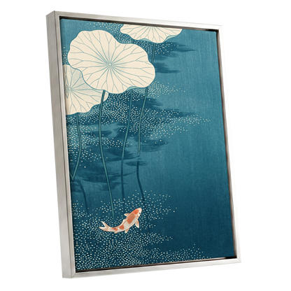 Koi Beneath Lotus Leaves, blue, beige, white nature wall art shown as a silver framed canvas wall art