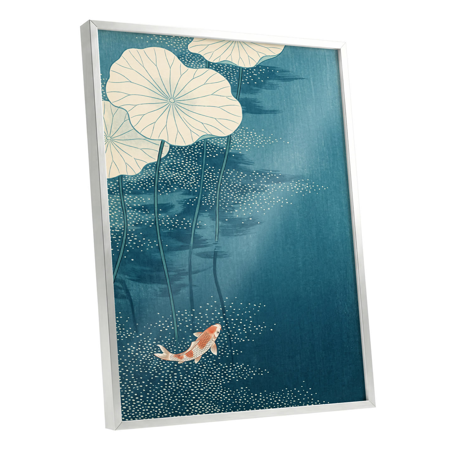 Koi Beneath Lotus Leaves, blue, beige, white nature wall art shown as a silver framed poster wall art print