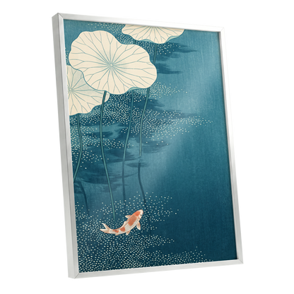 Koi Beneath Lotus Leaves, blue, beige, white nature wall art shown as a silver framed poster wall art print