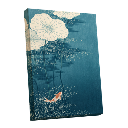Koi Beneath Lotus Leaves, blue, beige, white nature wall art shown as a stretched canvas wall art