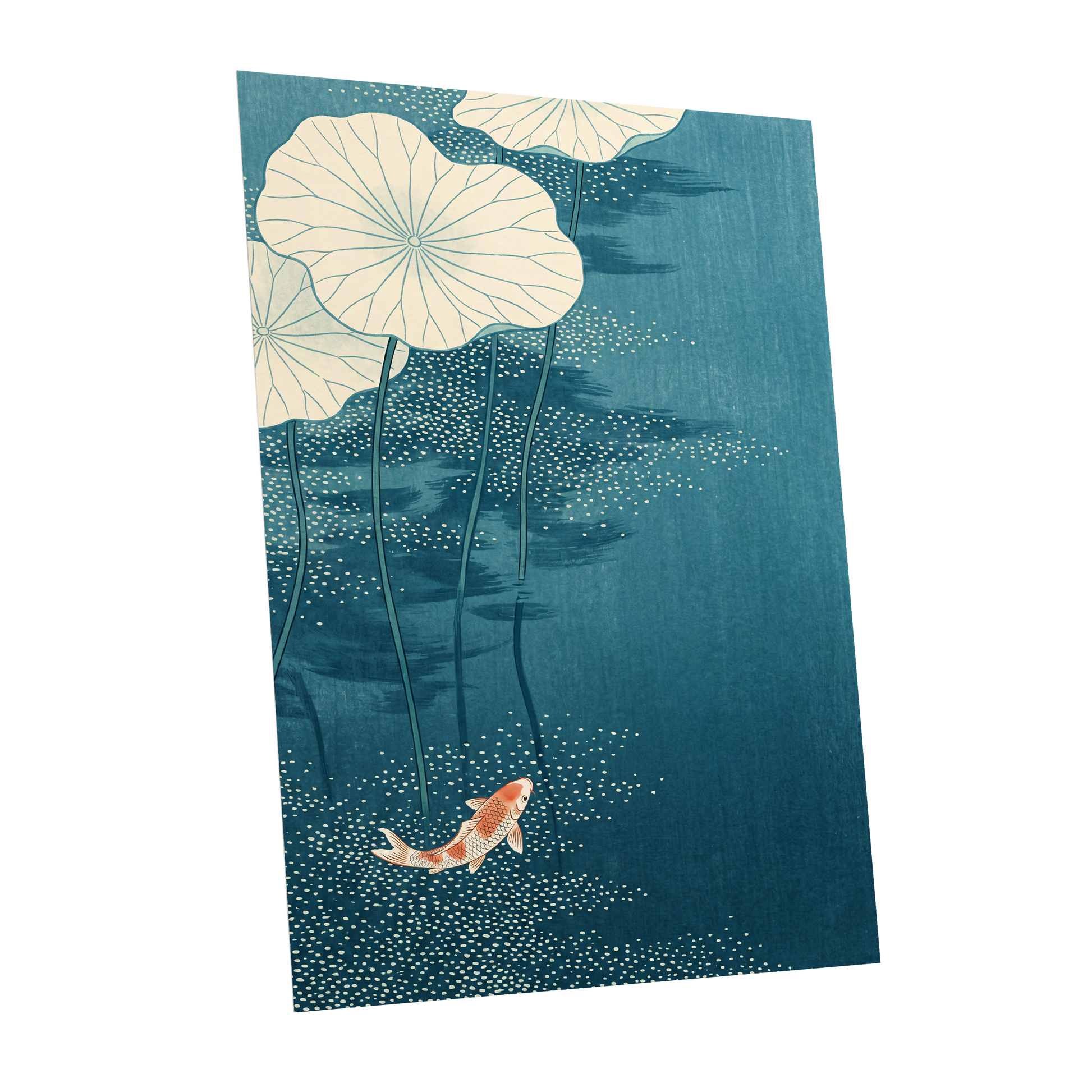 Koi Beneath Lotus Leaves, blue, beige, white nature wall art shown as a unframed poster wall art print
