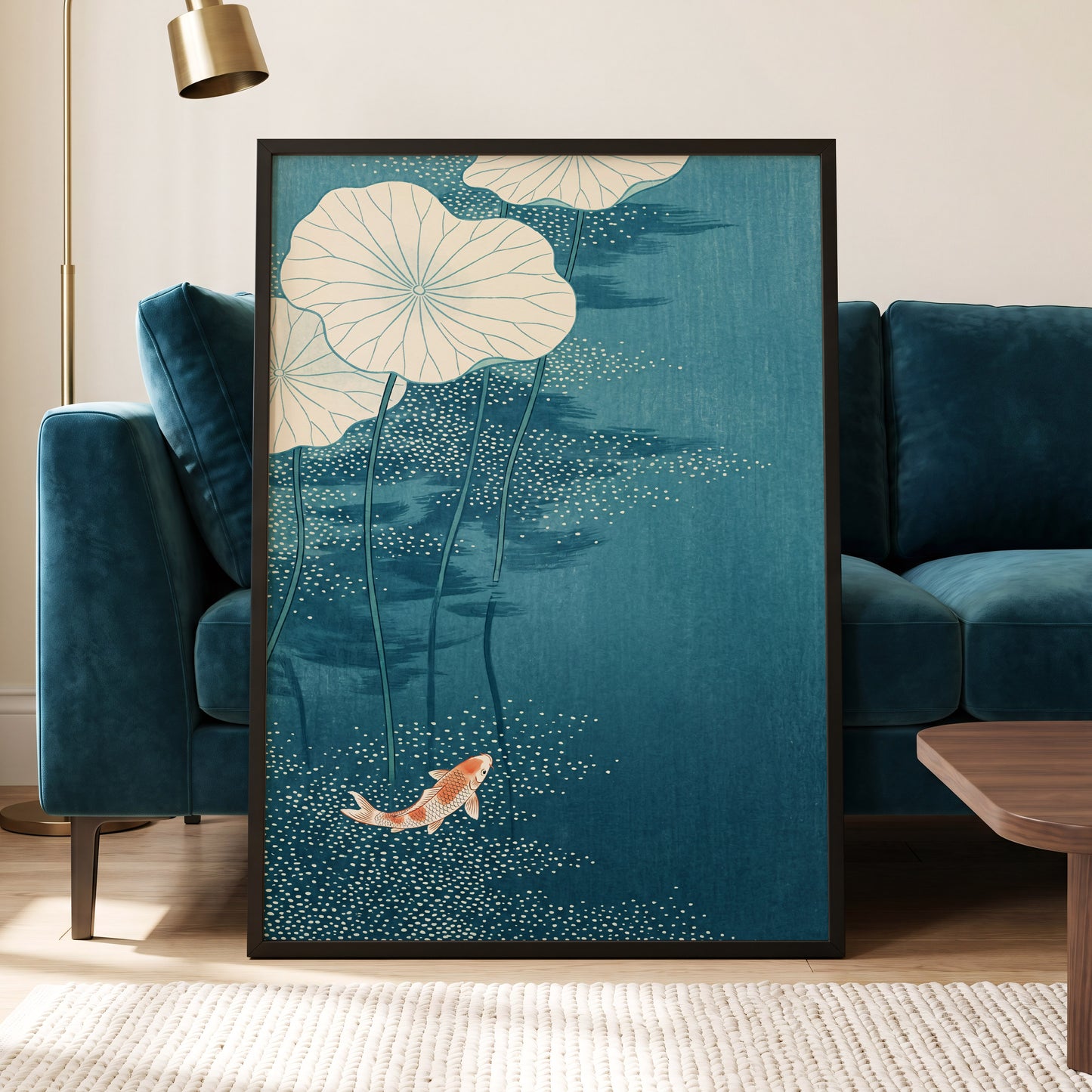 Koi Beneath Lotus Leaves, blue, beige, white nature wall art displayed in a styled interior, gallery view 2