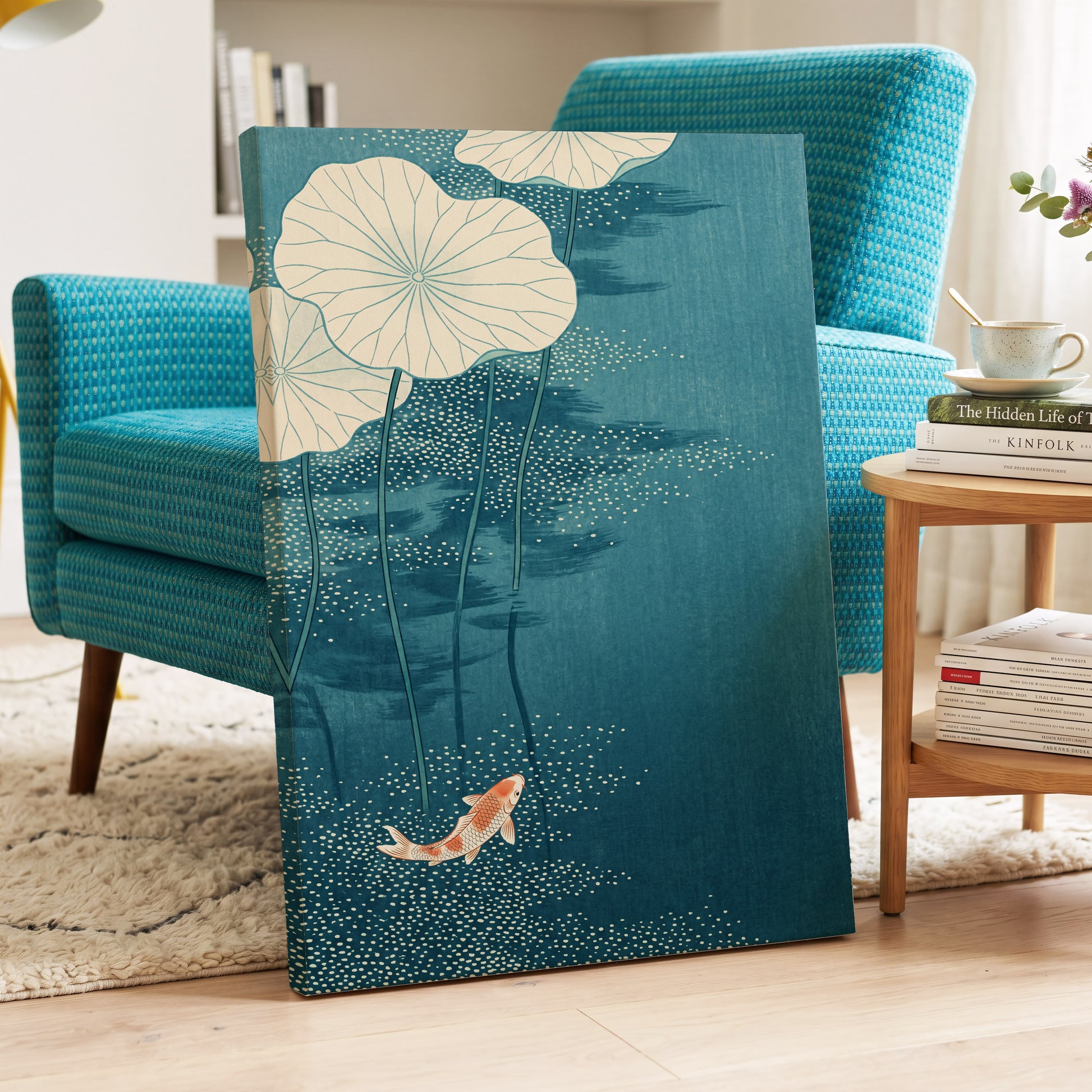Koi Beneath Lotus Leaves, blue, beige, white nature wall art displayed in a styled interior, gallery view 3