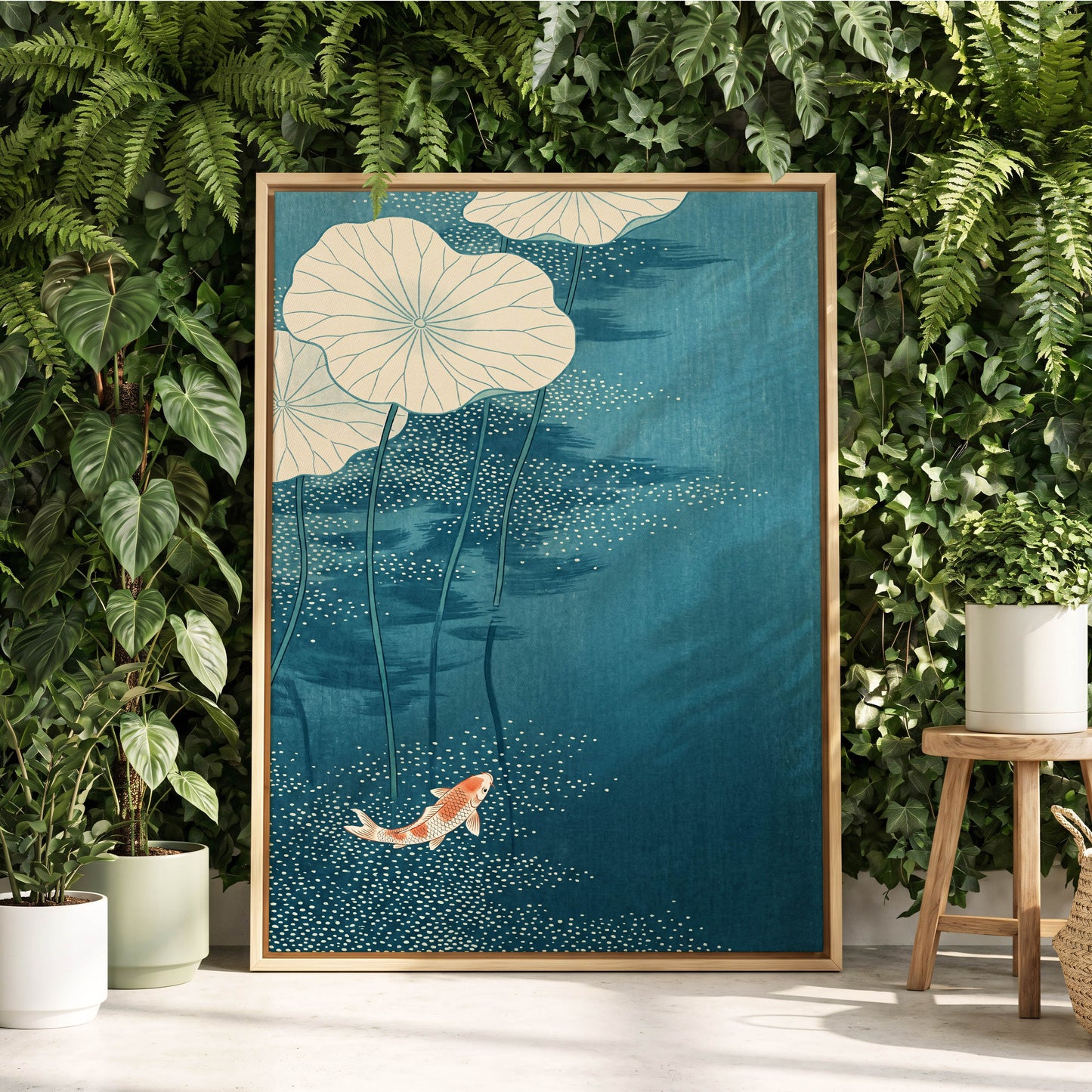 Koi Beneath Lotus Leaves, blue, beige, white nature wall art displayed in a styled interior, gallery view 4