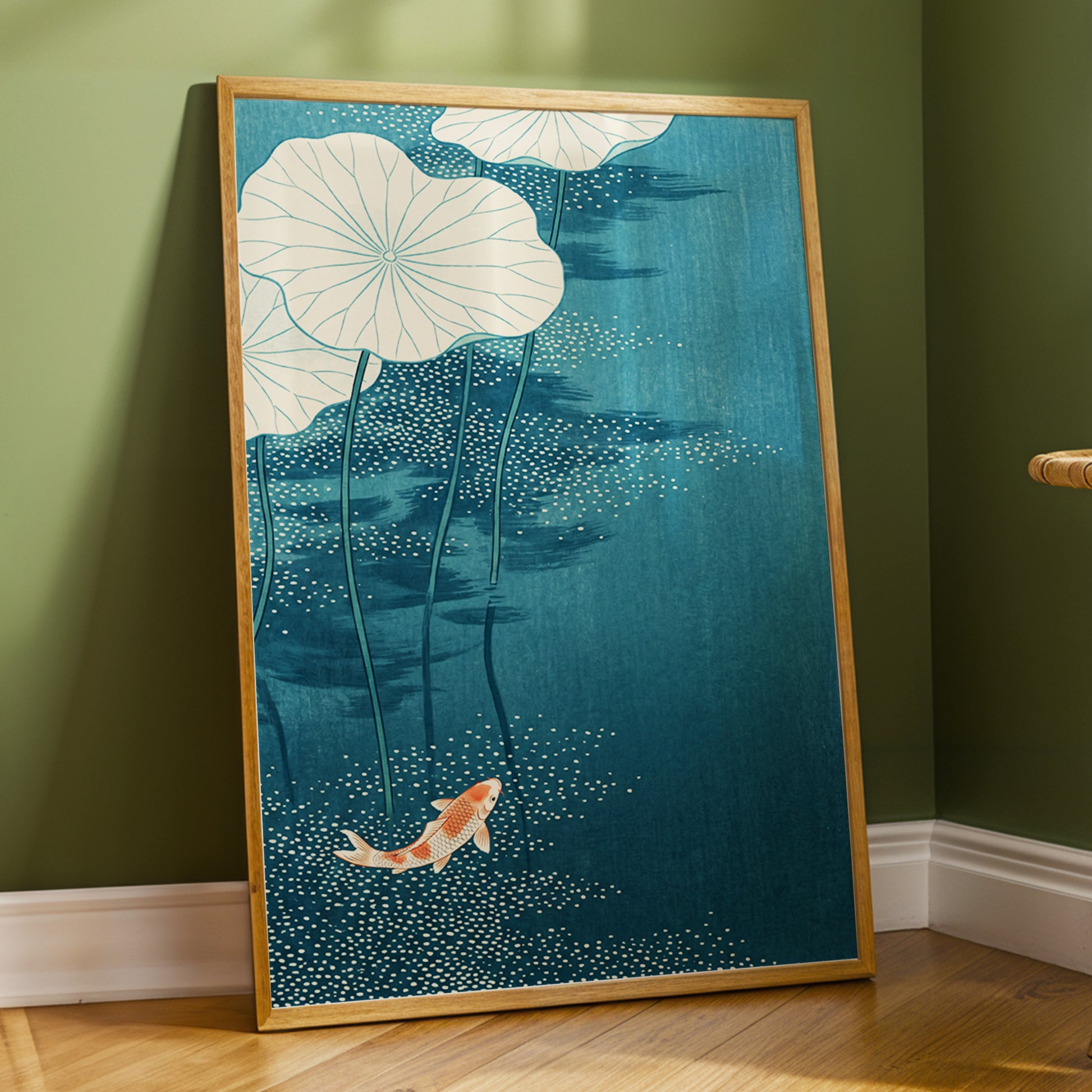 Koi Beneath Lotus Leaves, blue, beige, white nature wall art displayed in a styled interior, gallery view 6