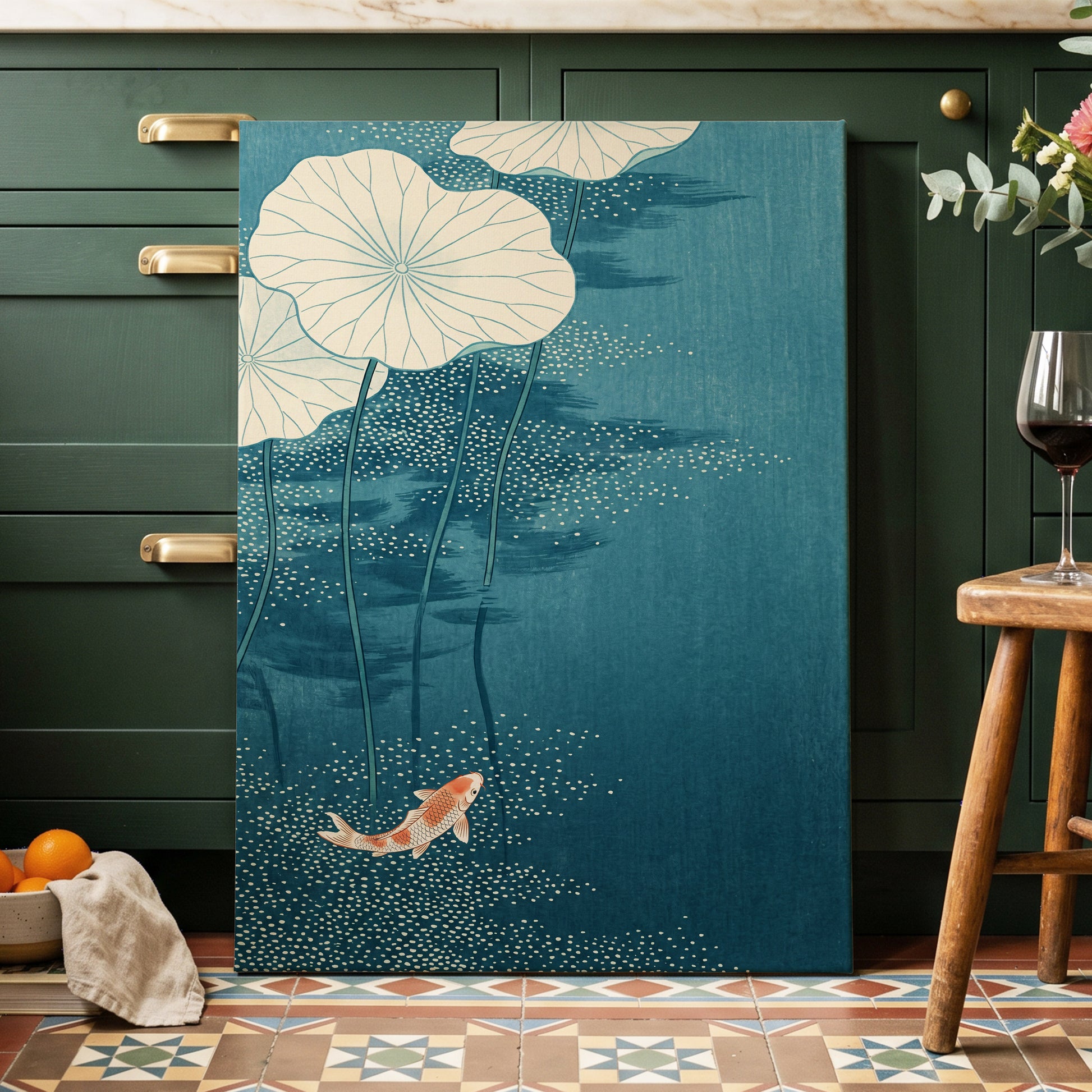 Koi Beneath Lotus Leaves, blue, beige, white nature wall art displayed in a styled interior, gallery view 7