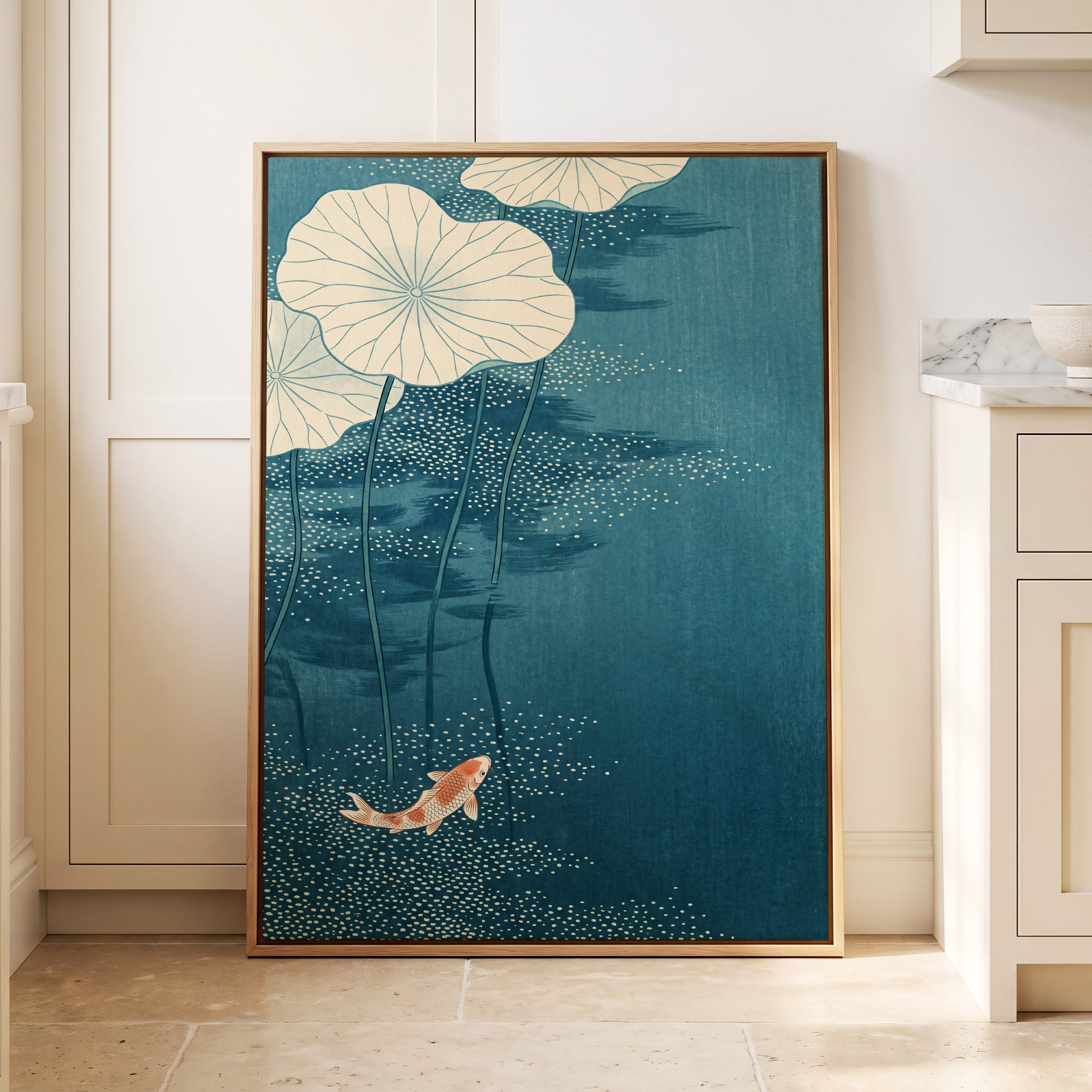 Koi Beneath Lotus Leaves, blue, beige, white nature wall art displayed in a styled interior, gallery view 8