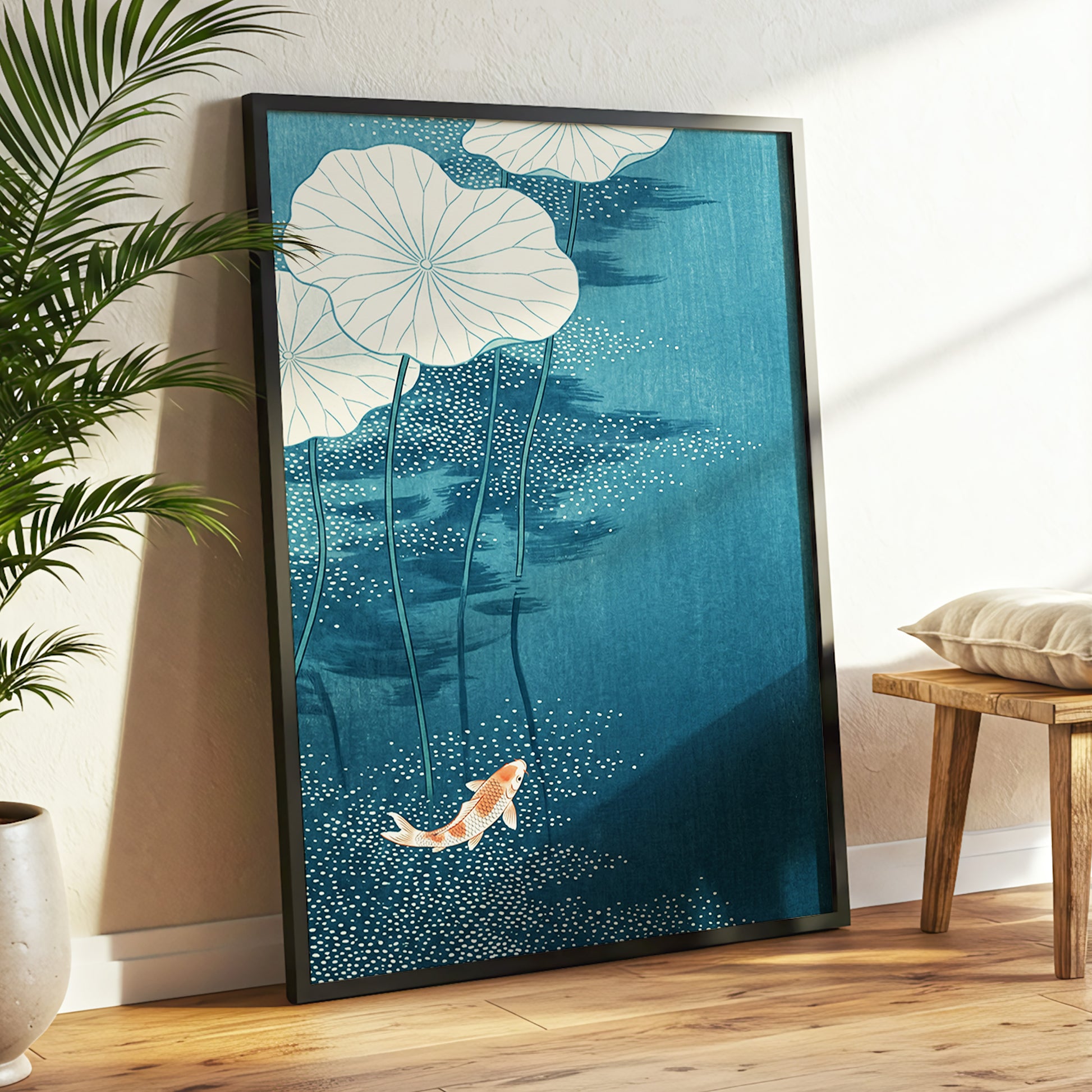 Koi Beneath Lotus Leaves, blue, beige, white nature wall art displayed in a styled interior, gallery view 9