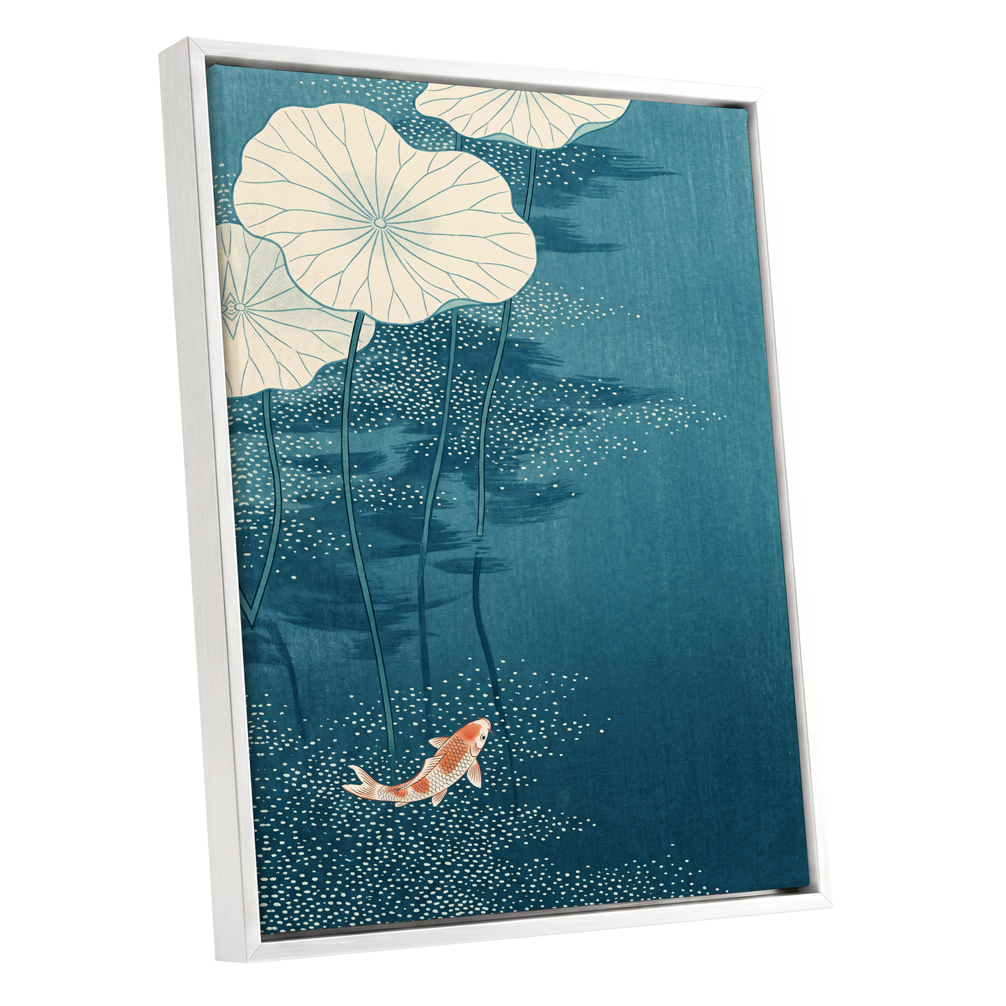 Koi Beneath Lotus Leaves, blue, beige, white nature wall art shown as a white framed canvas wall art