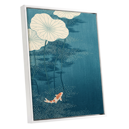 Koi Beneath Lotus Leaves, blue, beige, white nature wall art shown as a white framed canvas wall art