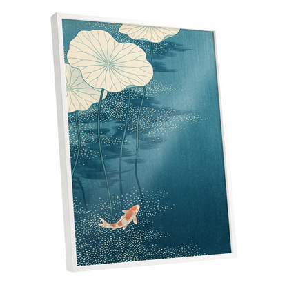 Koi Beneath Lotus Leaves, blue, beige, white nature wall art shown as a white framed poster wall art print